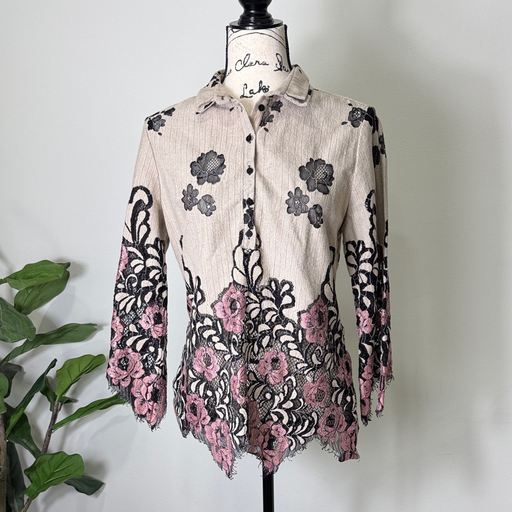 ANNE FONTAINE Lace Floral Blouse Black and Pink Country Western Star Luxury Sz M
